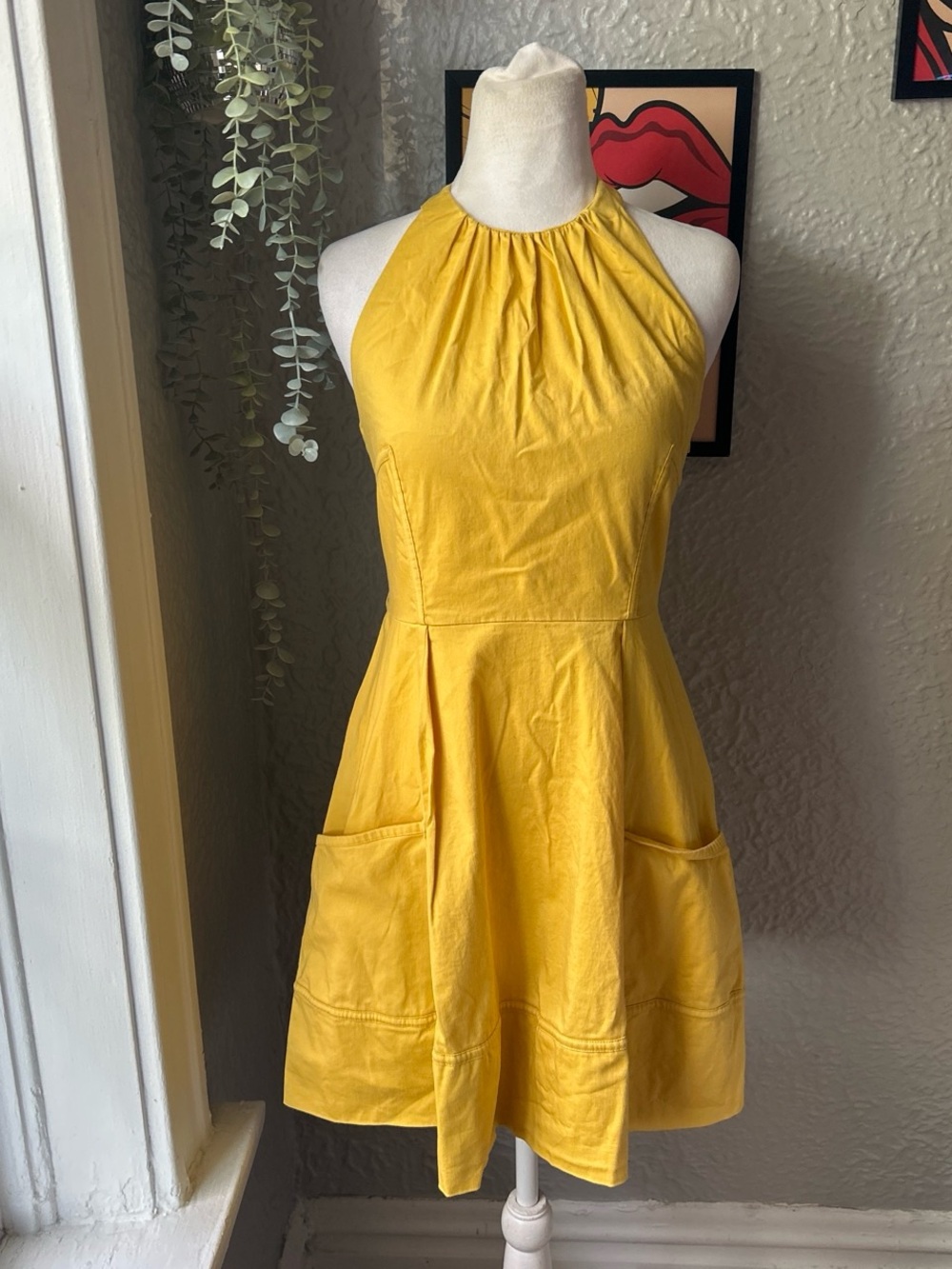 y2k yellow halter neck dress with pockets